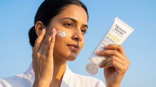 A top-down view of a white tube of "Heaven Roots Nia Defense Sunscreen" with SPF 50 PA++++, resting diagonally on a pile of white powder resembling snow, set against a textured, icy blue background.