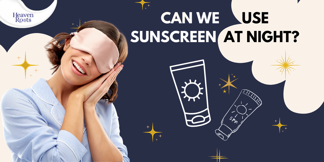 Woman wearing a sleep mask with text asking can we use sunscreen at night, representing face sunscreen use during nighttime skincare routine