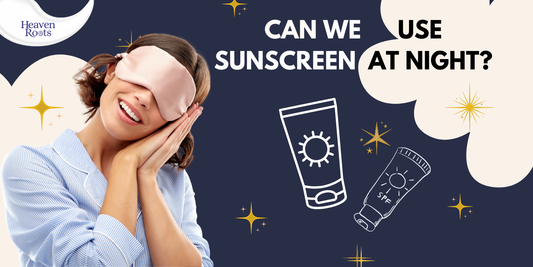Woman wearing a sleep mask with text asking can we use sunscreen at night, representing face sunscreen use during nighttime skincare routine