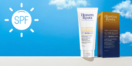 Heaven Roots SPF 50 PA++++ broad-spectrum sunscreen with botanical extracts, shown against a blue sky background, highlighting daily UV protection and the importance of sunscreen in winter.