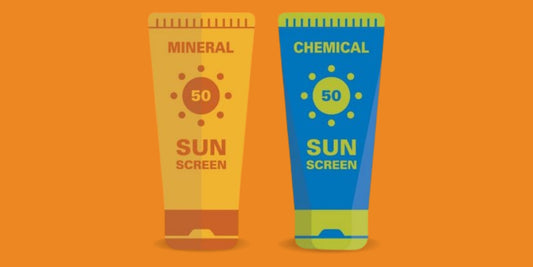Mineral vs chemical sunscreens comparison image with SPF 50.