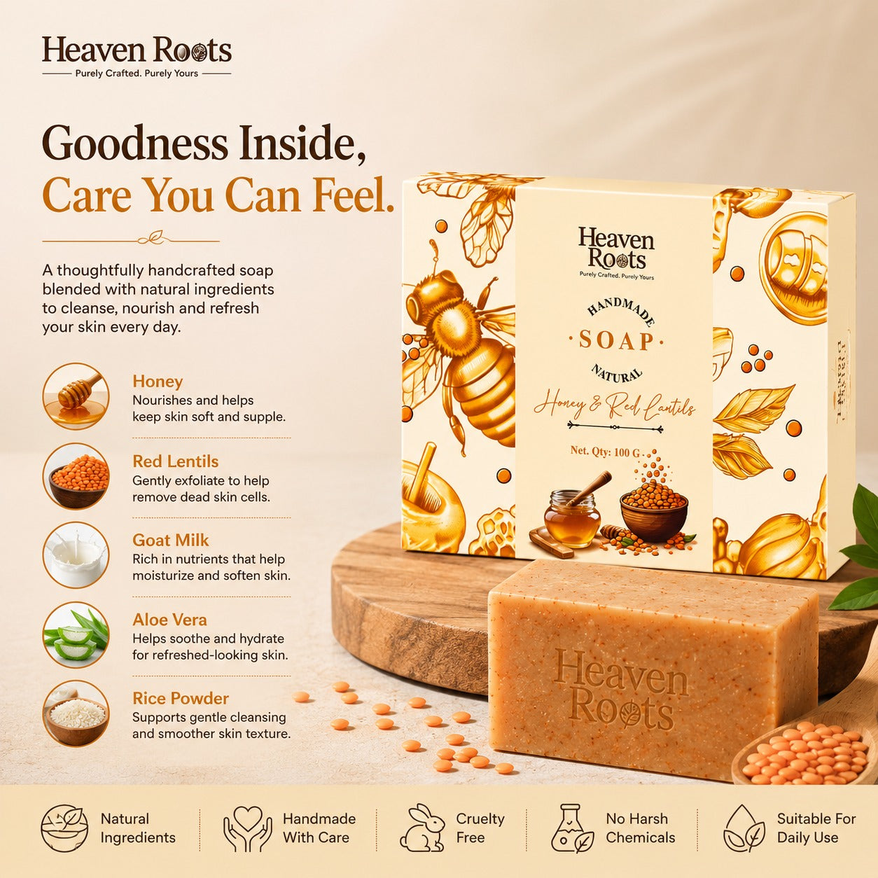 Honey & Red Lentils Handmade Soap for Dry Skin | 100g