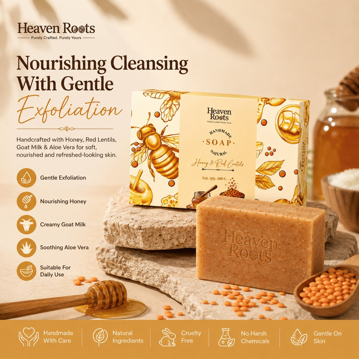 Honey & Red Lentils Handmade Soap for Dry Skin | 100g